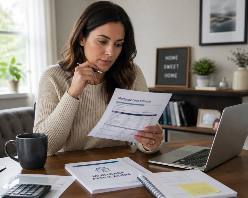 First-time home buyer reviewing mortgage paperwork and calculator at kitchen table in Mississauga home