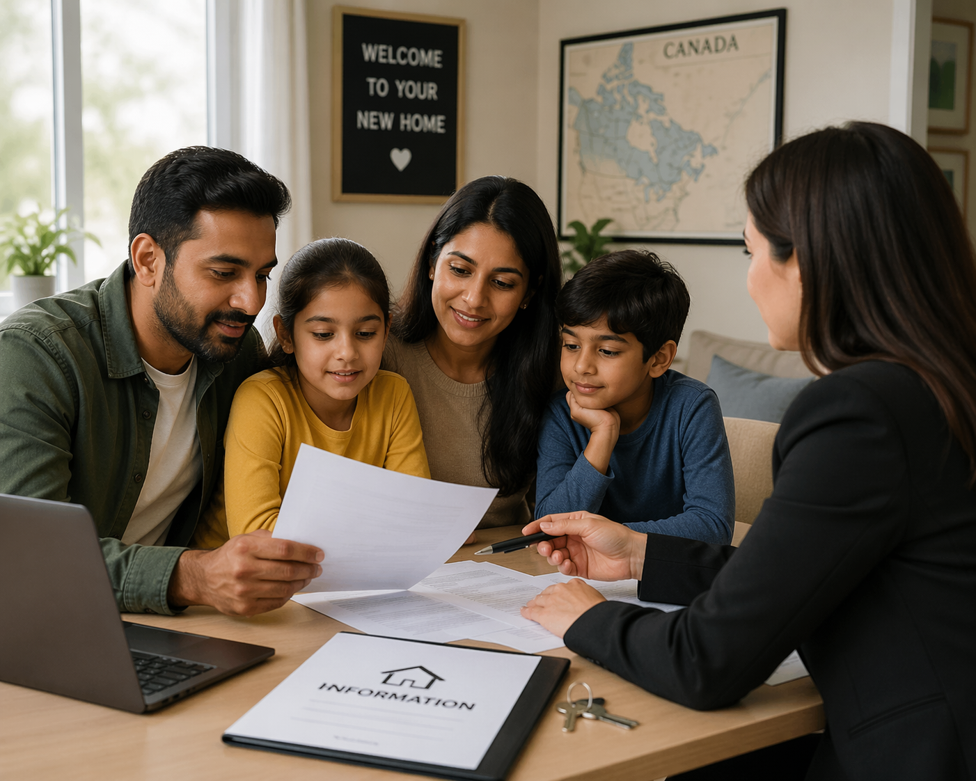 Newcomer family reviewing homebuying documents with real estate broker in Brampton home