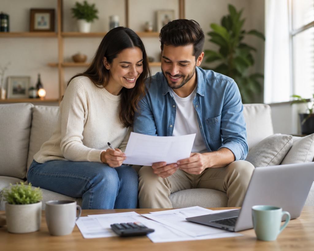 First-time home buyers reviewing documents in a bright Toronto-area home during a soft real estate market