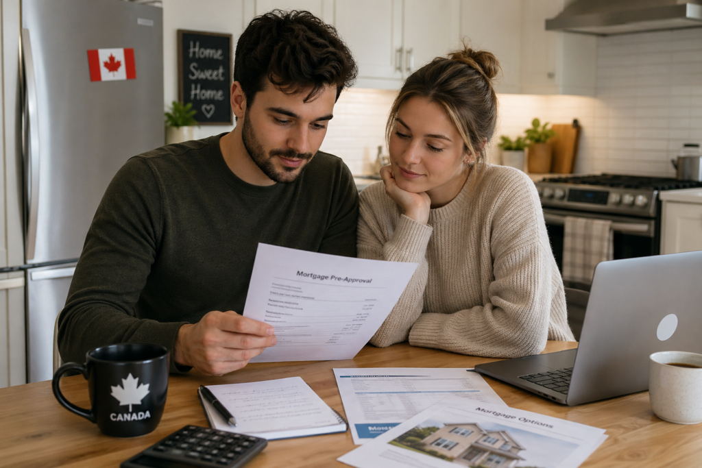 Young couple reviewing mortgage documents at kitchen table in Scarborough home, discussing Bank of Canada rate hold and what it means for first-time buyers in the GTA