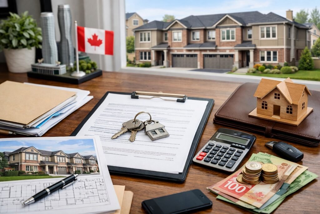 A buyer reviewing documents at a table with a new townhouse development visible through the window