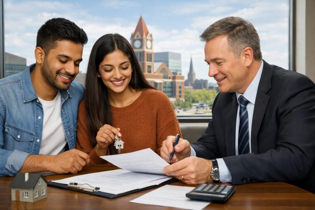 First-time buyer reviewing closing cost statement and land transfer tax documents with real estate lawyer in Brampton