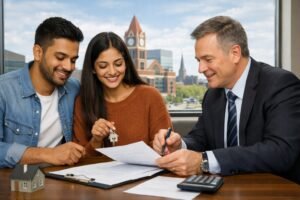 First-time buyer reviewing closing cost statement and land transfer tax documents with real estate lawyer in Brampton