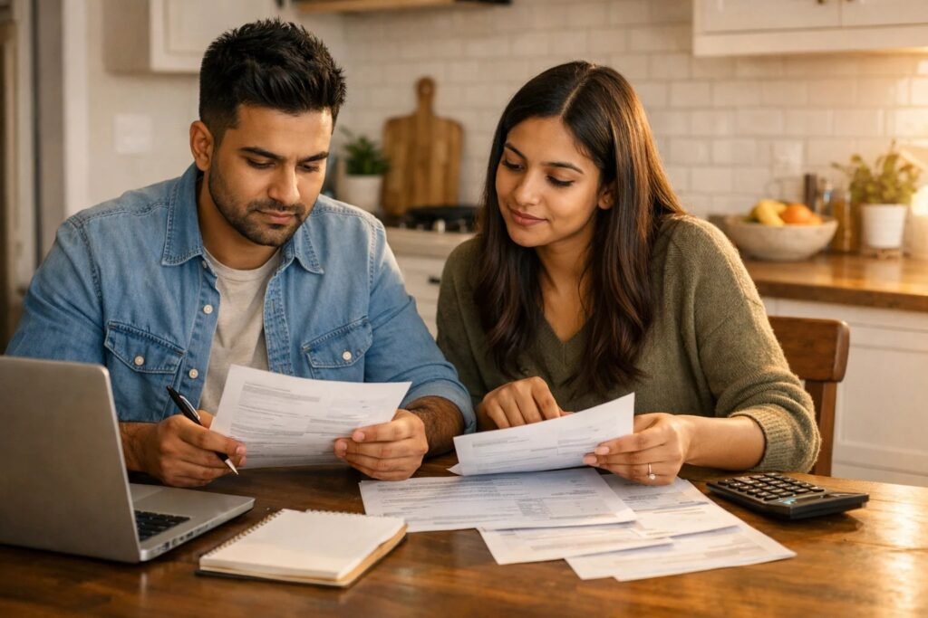 A Brampton first-time buyer reviewing down payment documents and account statements at a kitchen table before making an offer
