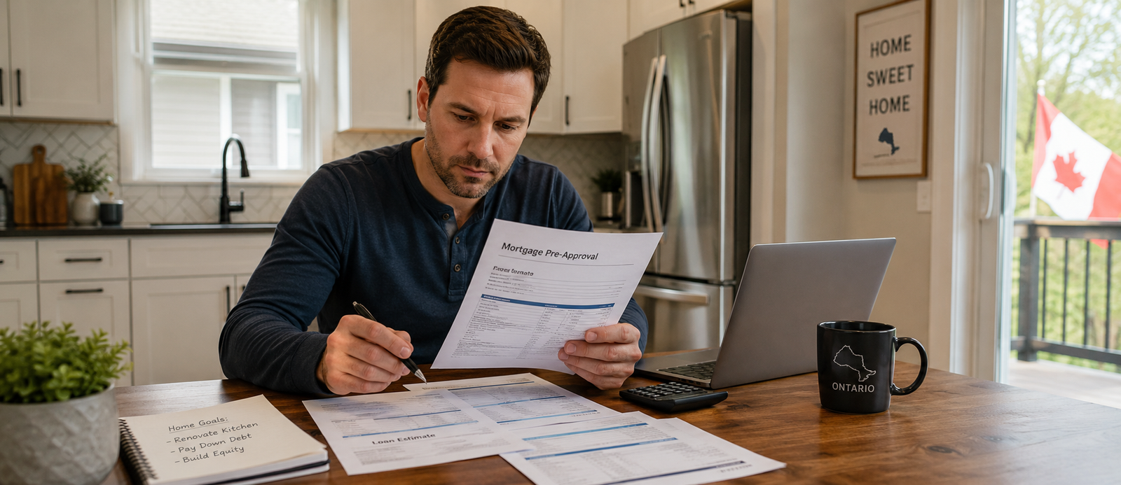 A Brampton homeowner reviewing a mortgage renewal letter at a kitchen table before deciding whether to renew, switch lenders, or sell