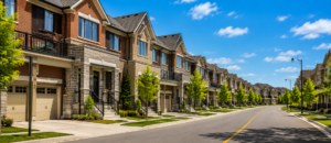 Residential street in Brampton, Ontario with townhouses, representing first-time home buyer neighbourhoods