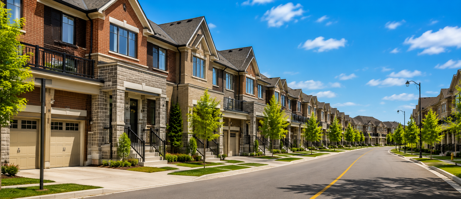 Residential street in Brampton, Ontario with townhouses, representing first-time home buyer neighbourhoods