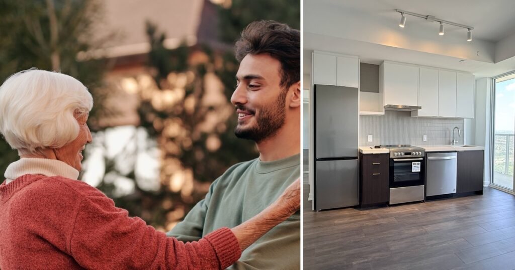 Parent embracing adult child beside a photo of a brand new GTA condo kitchen, representing a family-funded first home purchase