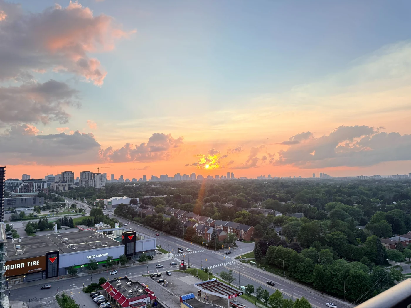 GTA neighbourhood and skyline at sunset