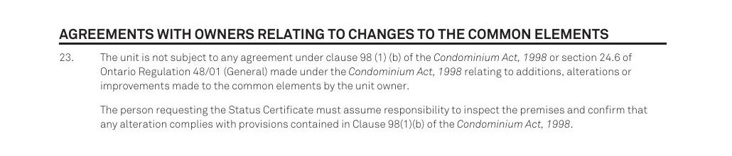 Excerpt from a real Ontario status certificate showing the Section 98 disclosure clause