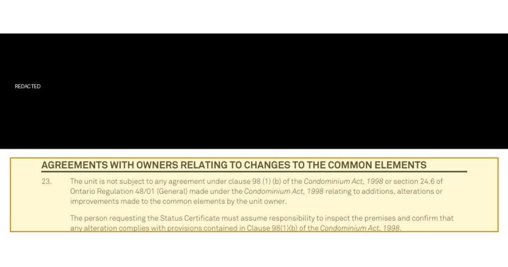 A redacted excerpt from a real Ontario condo status certificate, with the letterhead removed and the Section 98 disclosure clause highlighted