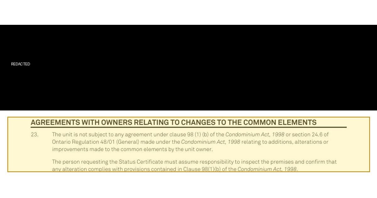 A redacted excerpt from a real Ontario condo status certificate, with the letterhead removed and the Section 98 disclosure clause highlighted