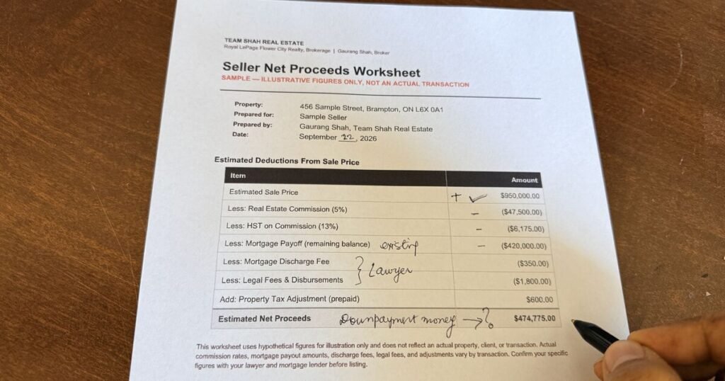 Seller net proceeds worksheet showing a sample breakdown of closing costs in Ontario